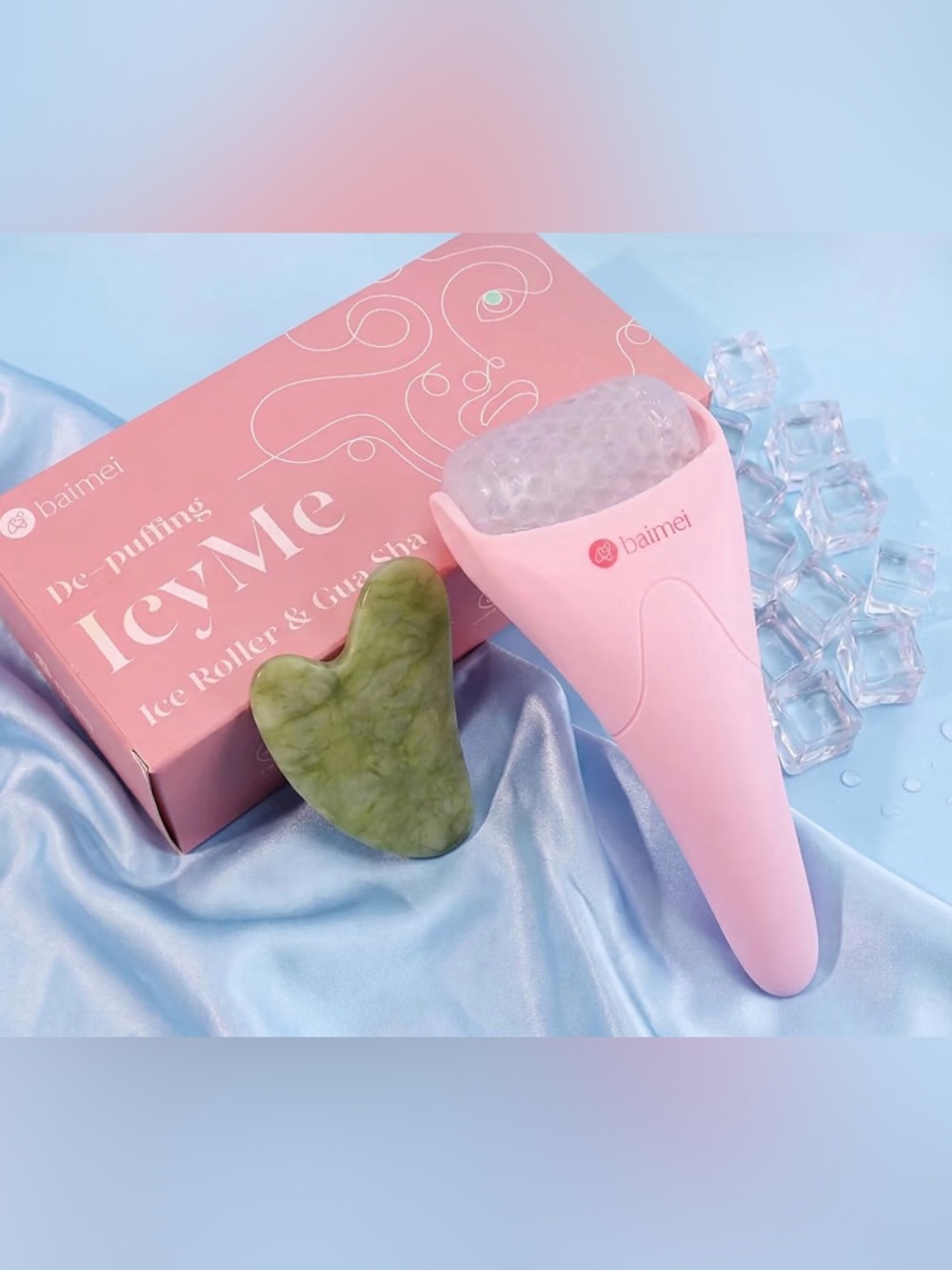 Pink Ice Roller with Jade Gua Sha Set